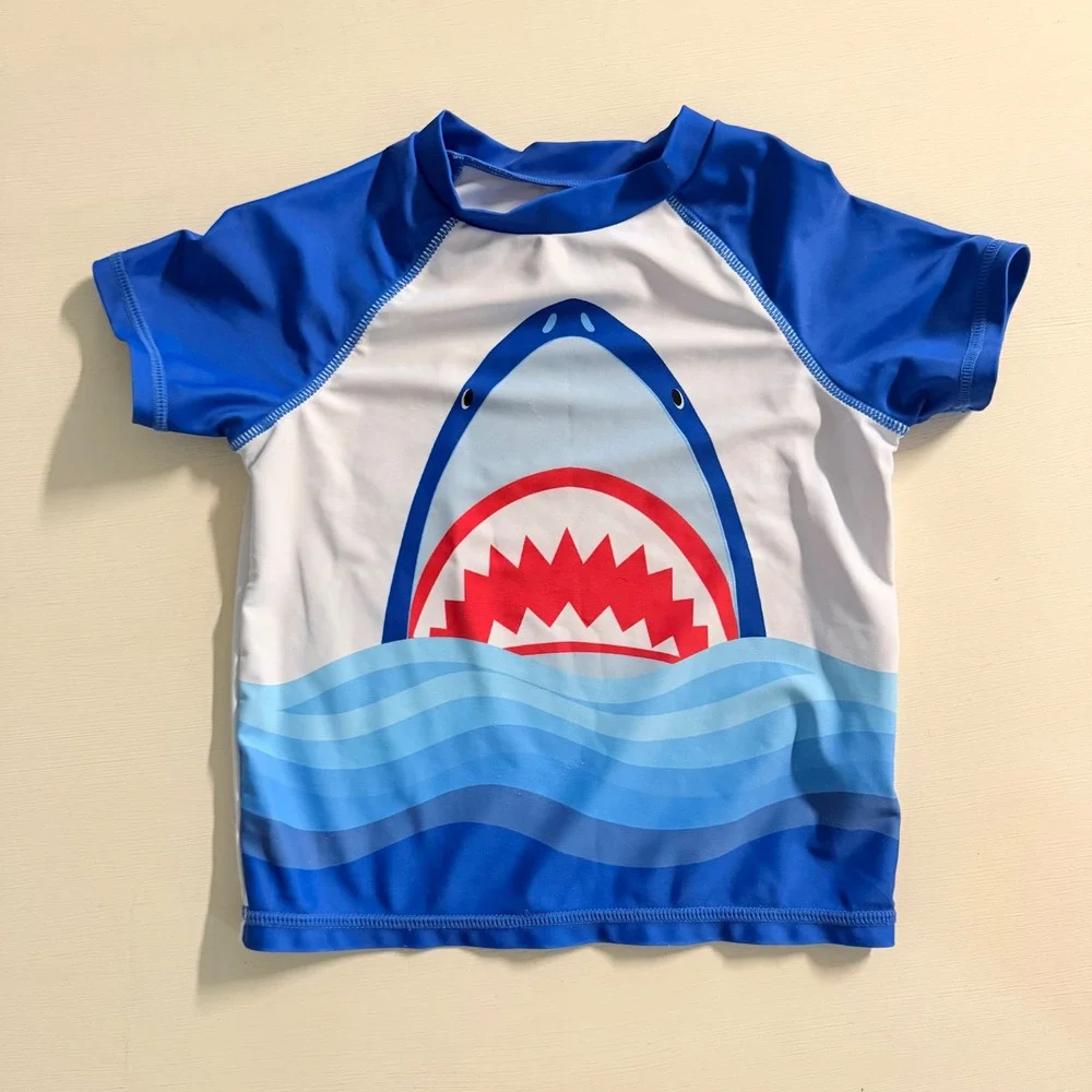 Andy & Evan Boys Shark Rash Guard Blue White Swim Shirt Size 5Y Nautical Summer